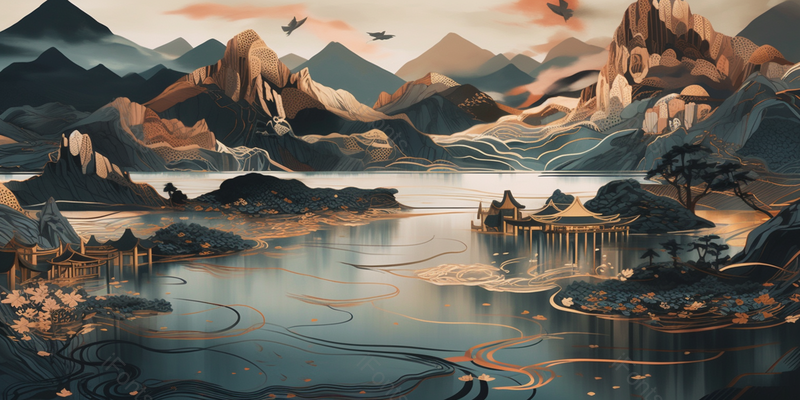 山水风景手绘创意中国风古复古风几何水墨画,插画/手绘图,插画/手绘图库,插画/手绘图下载,插画/手绘